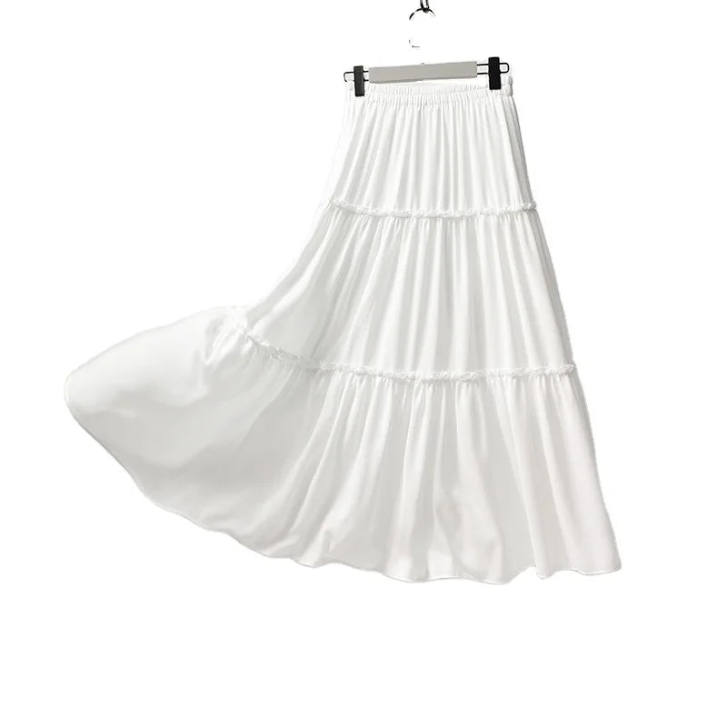 S0016B Factory Direct Sales New White Cake Skirt a Long in the Korean Slim A-shaped Pleated Woman Ladies Skirt