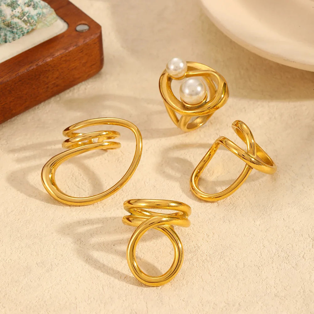 Fashion Single Imitation Pearl Hollow Finger Rings 18k Gold Plated Jewelry Stainless Steel Geometric Line Statement Ring Jewelry