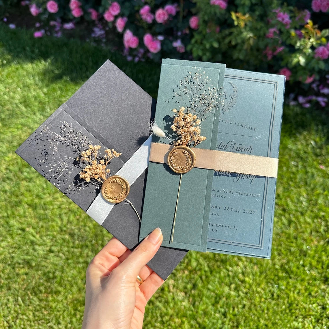 Colorful Personalized Green Acrylic Wedding Invitations Carte Dinvitation Mariage Envelope for Silk Ribbon and Dried Flower