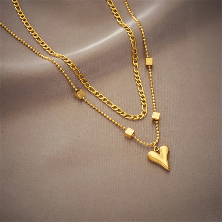 Wholesale Fashion Stainless Steel Dainty Double Layered Personalized Simple Square Bling Heart Love Necklace