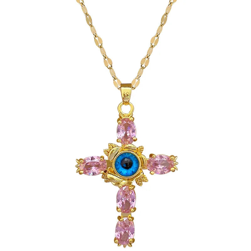 Stainless Steel Cross Eye Crystal Rhinestone Pendant Gold Plated Necklace for Women New Luxury Girls Clavicle Chain Jewelry