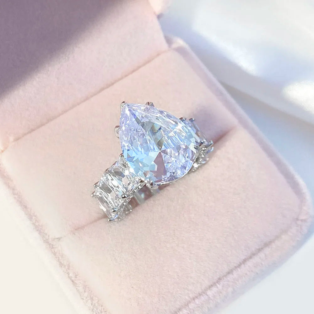 FOXI 925 Sterling Silver Sparkling 12*16mm Pear Ice Out 5A Zircon Rings for Women Party High Carbon Diamond Fine Jewelry