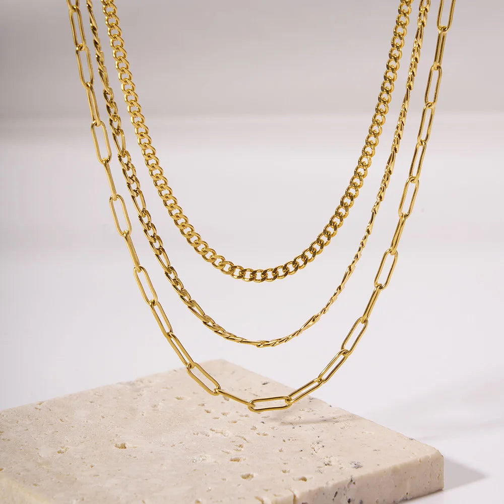Vintage 18k Gold Plated Paperclip Figaro Chain Layered Necklace Stainless Steel Triple Layer Necklace for Women