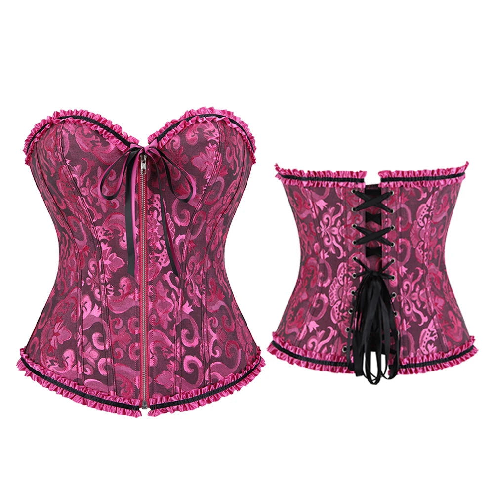 Jacquard Floral Overbust Corset Front Zipper Elegant Waist Bustier Top Corselet Basques Korset