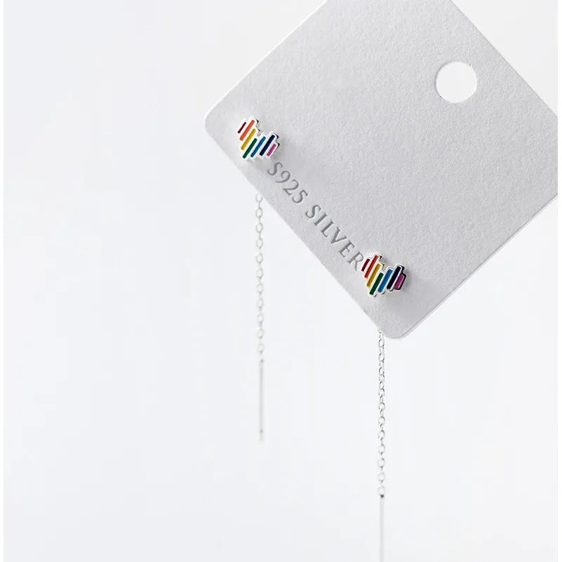 925 Sterling Silver Rainbow Color Heart Shaped Ear Threader Earings Long Dangle Drop Earrings Fashion Jewelry for Women
