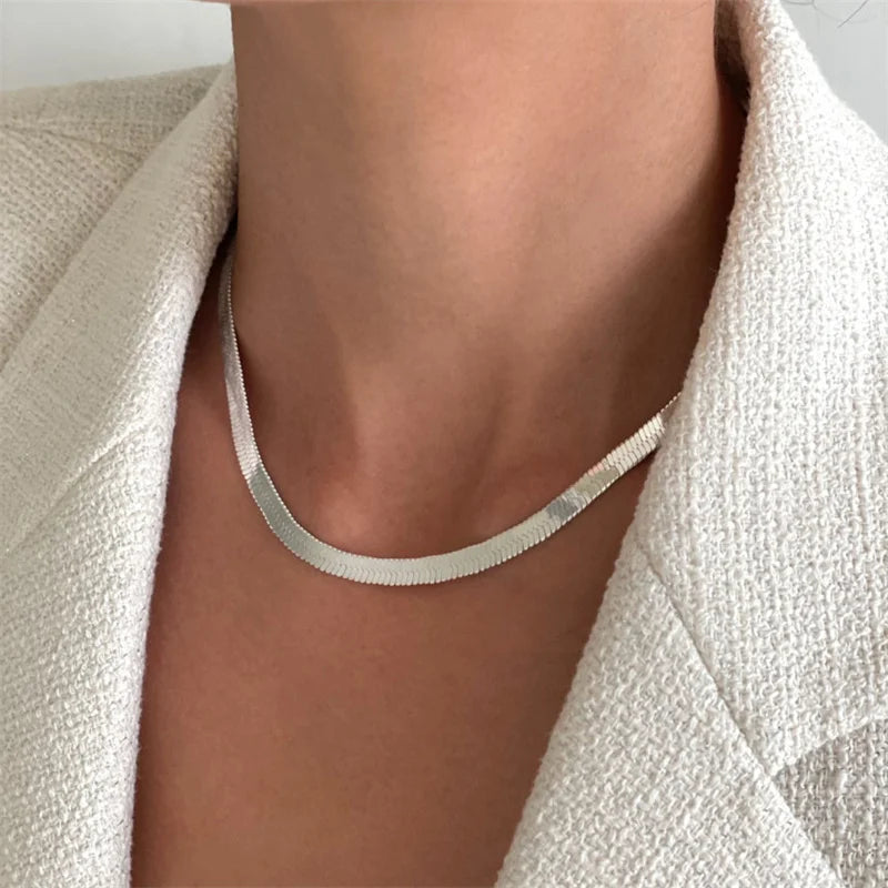4mm Flat Snake Chain Necklace Herringbone Stackable 925 Sterling Silver Minimalist Jewelry for Women Dainty Layering Chain
