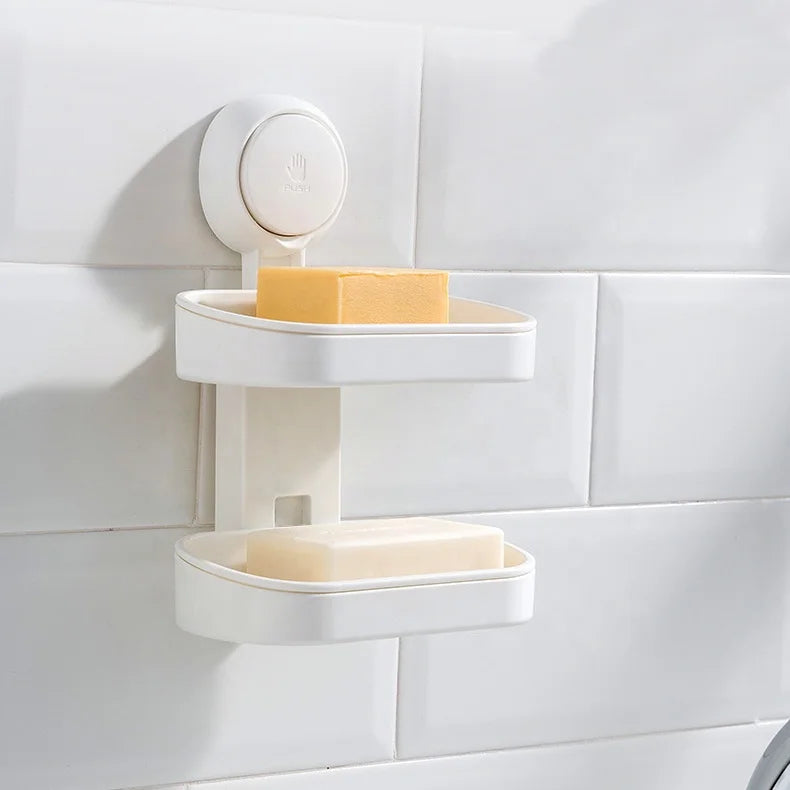 Bathroom Organizer Household Double Layer Wall Suction Cup Shower Caddy Dish Plastic Green Soap Dish Holder
