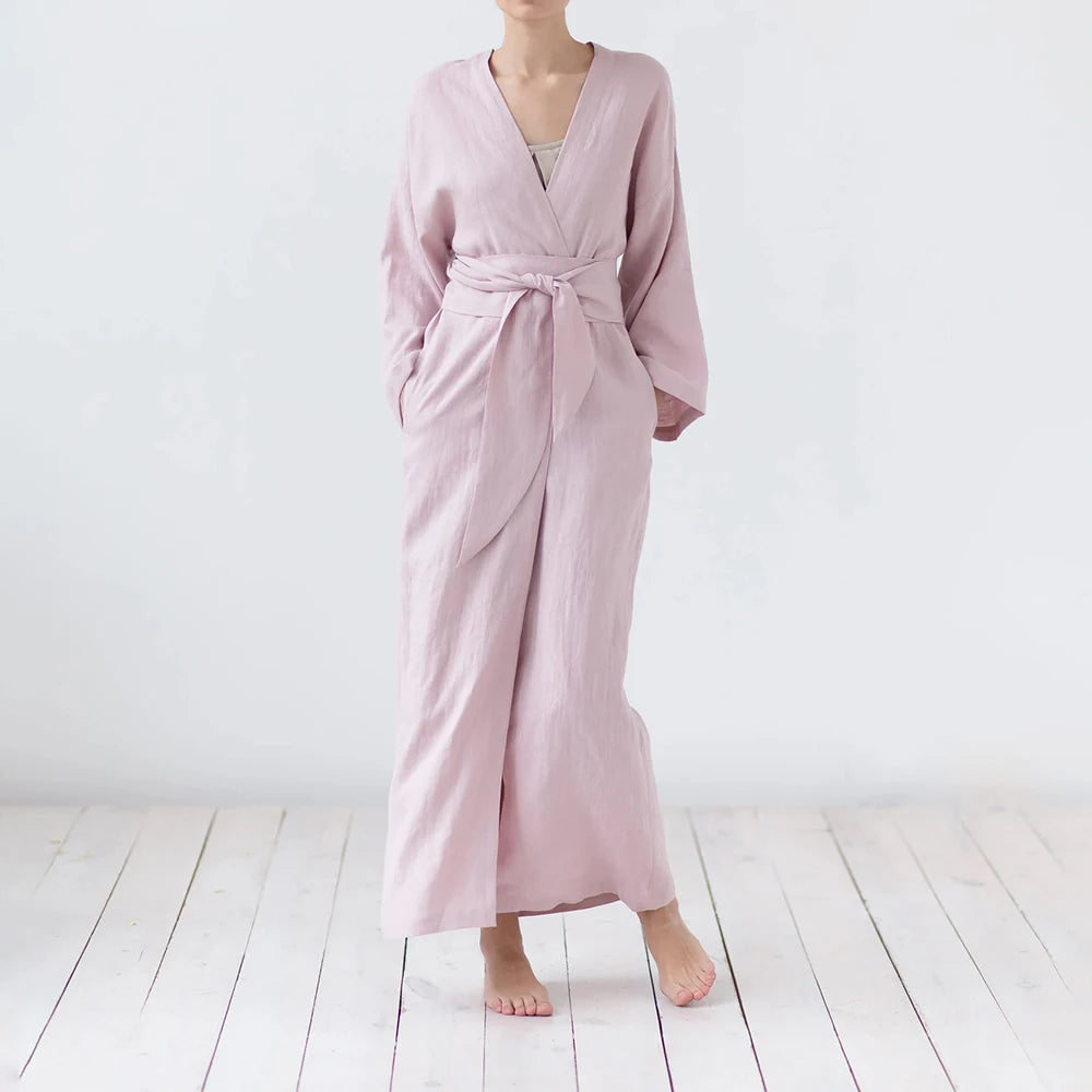 Luxury Hotel Unisex 100%linen Long Linen Bathrobe Kimono Nightgown Belted Soft Pure Flax Linen Robe