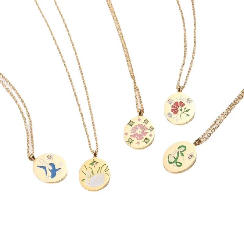 Elegant Stainless Steel Gold Chain Colorful Painting Enamel Oval Pendant Necklace for Women