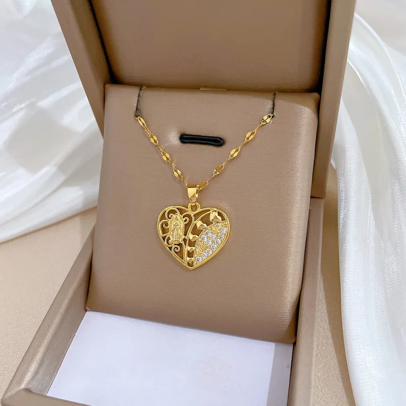 Trendy 18K Gold Plated Stainless Steel Crystal Diamond Hollow Heart Pendant Necklace for Women Girls Wedding Jewelry