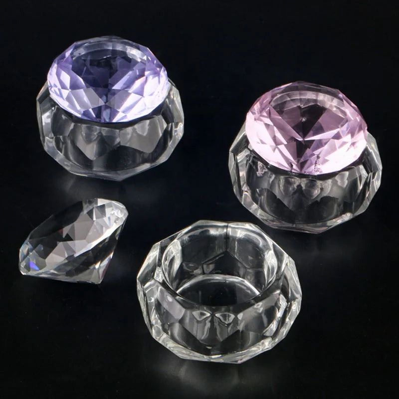 Cute Clear Diamond Top Glass Acrylic Dappen Dish with Diamond Lid for Nail Supplies