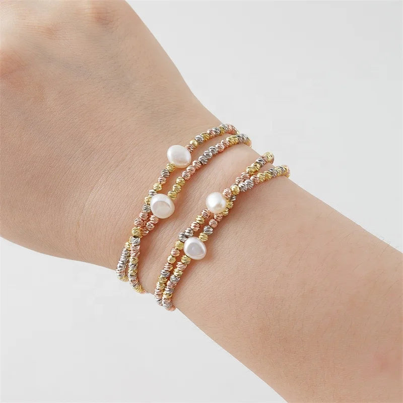 Fashion Handmade Jewelry Natural Freshwater Gold-plated Copper Elastic Bracelet Stainless Steel Geometric Wrap Bracelets