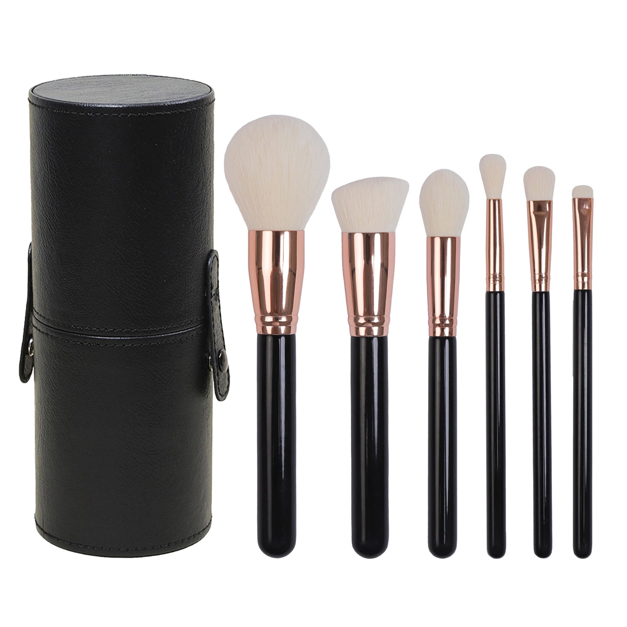 Luxe Premium Makeup Brush Set Fashionable Black and Gold Color Scheme 6 Travel-sized Packs for Easy Portability.
