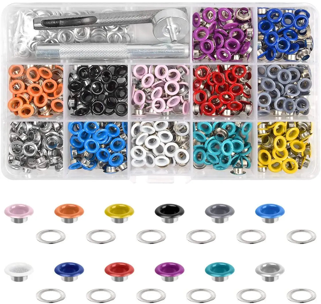 12 Colors 5mm Metal Eyelets Fasteners Kit Prong Snap Button Copper Brass Grommets for DIY Clothing Bags Leather Crafts Garments