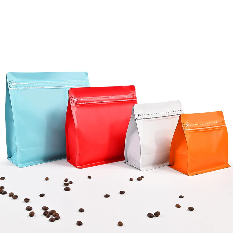Stock Flat Bottom Bag for Coffee Packaging 250g 500g 1kg Matte White Coffee Pouches