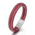 High Quality Simple Handmade Cowhide Braided Stainless Steel Magnetic Clasp Leather Bangles Bracelet For Men
