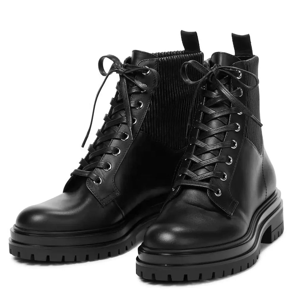 Black Lace up Combat Boots for Women Ankle Booties Flat Ladies Short Boot Female Shoes