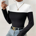 Hot Sale Women's Turtleneck Sweater Long Sleeve Jumper Standard Slim Color Blocking Tight Knit Autumn Casual