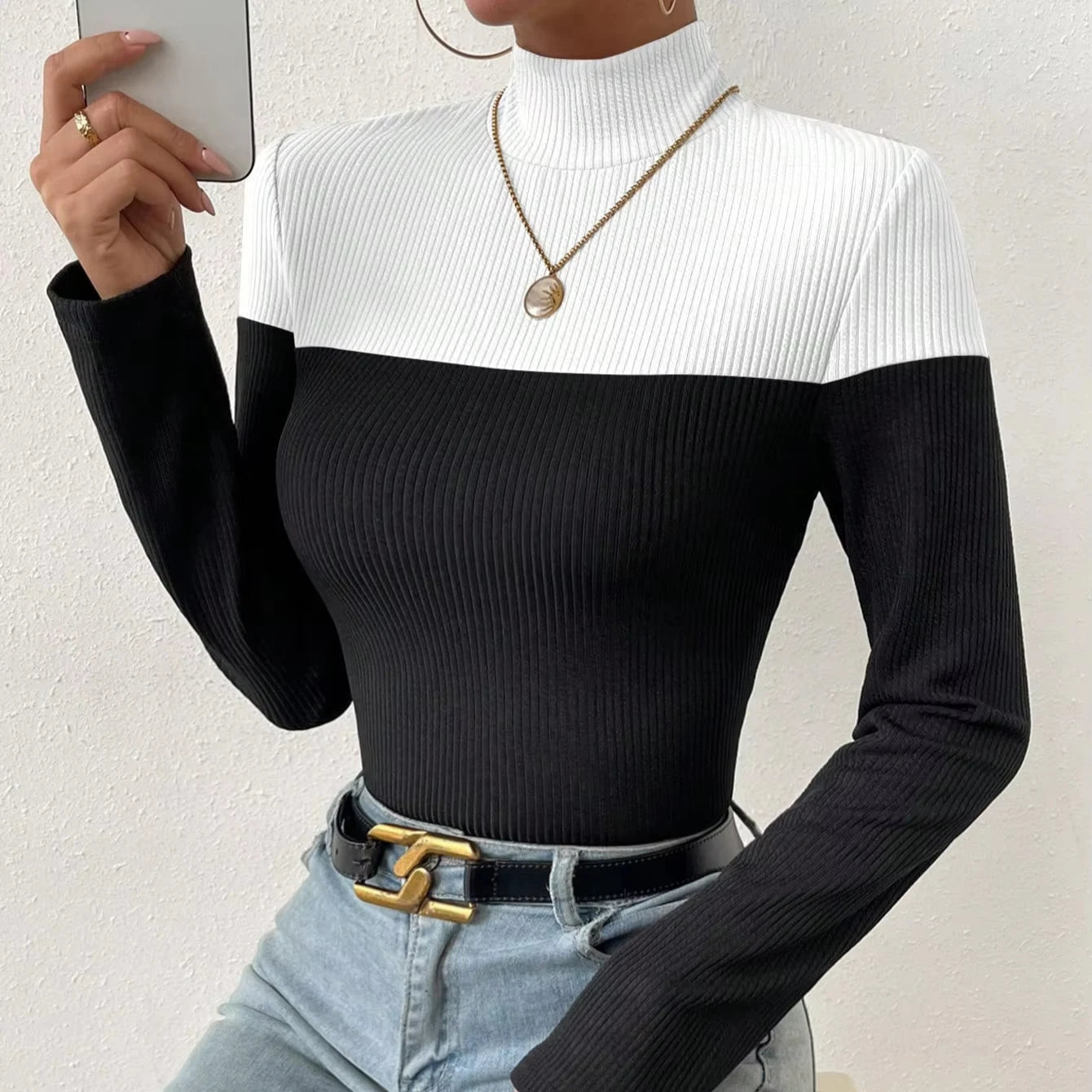 Hot Sale Women's Turtleneck Sweater Long Sleeve Jumper Standard Slim Color Blocking Tight Knit Autumn Casual