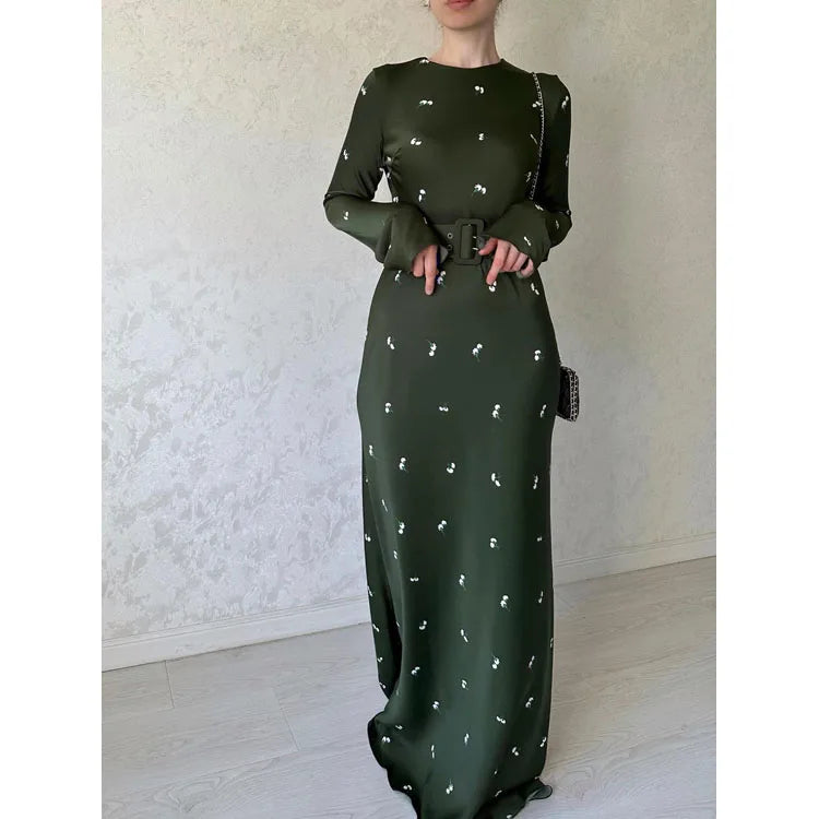New Autumn Fashion Ladies Elegant Floral Printed Dress Solid Long Sleeve Crew Collar Slim Ruffled Loose Long Dress