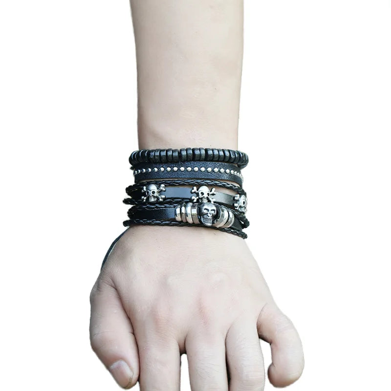 Men's Vintage Skull Beaded Leather Bracelet Set for Wedding Anniversary or Gift Inspired by Christian Religious Symbol