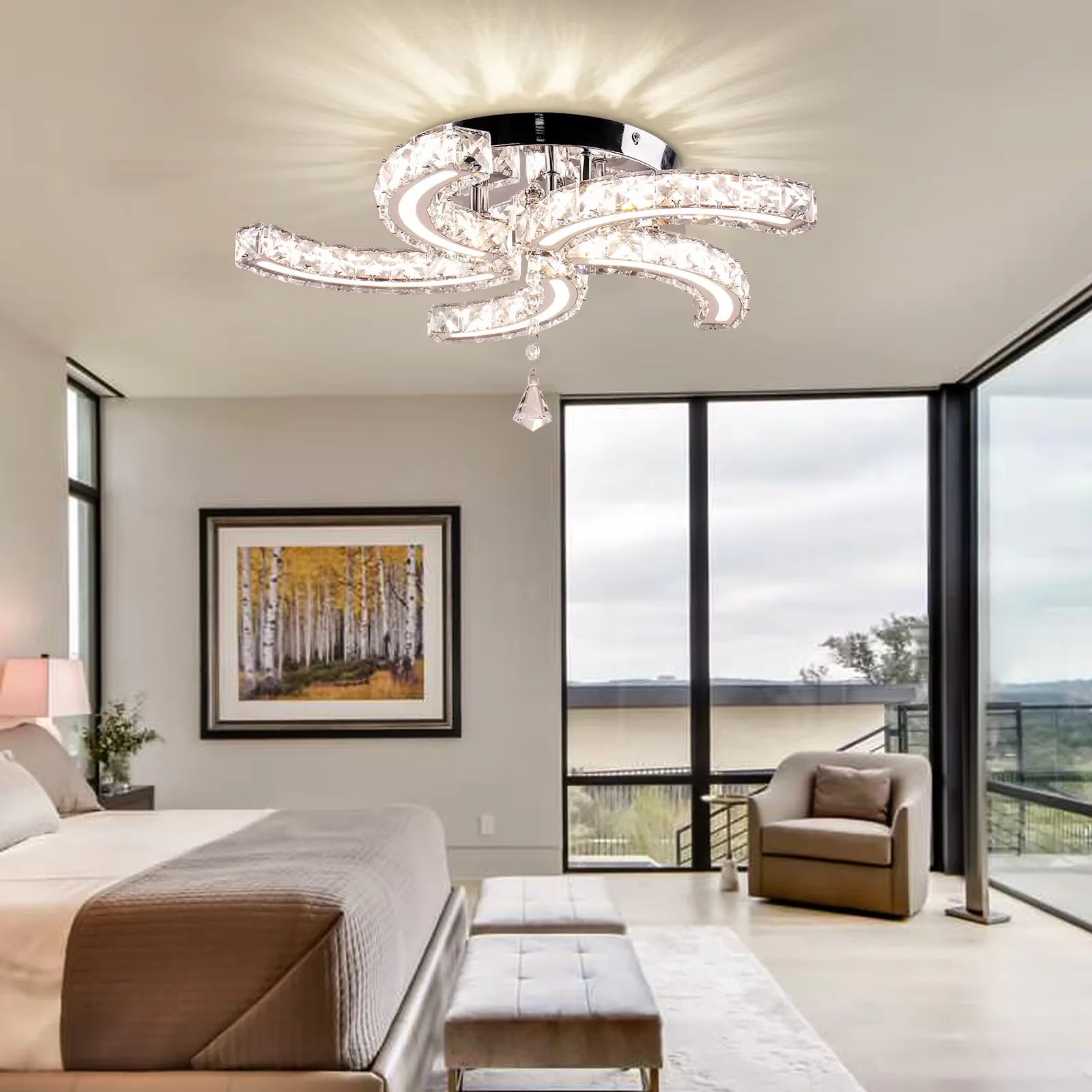 Luxury Simple Modern LED Crystal Chandelier Contemporary Crystal Ceiling Lamp and Hotel Pendant Light for Modern Bedroom Decor