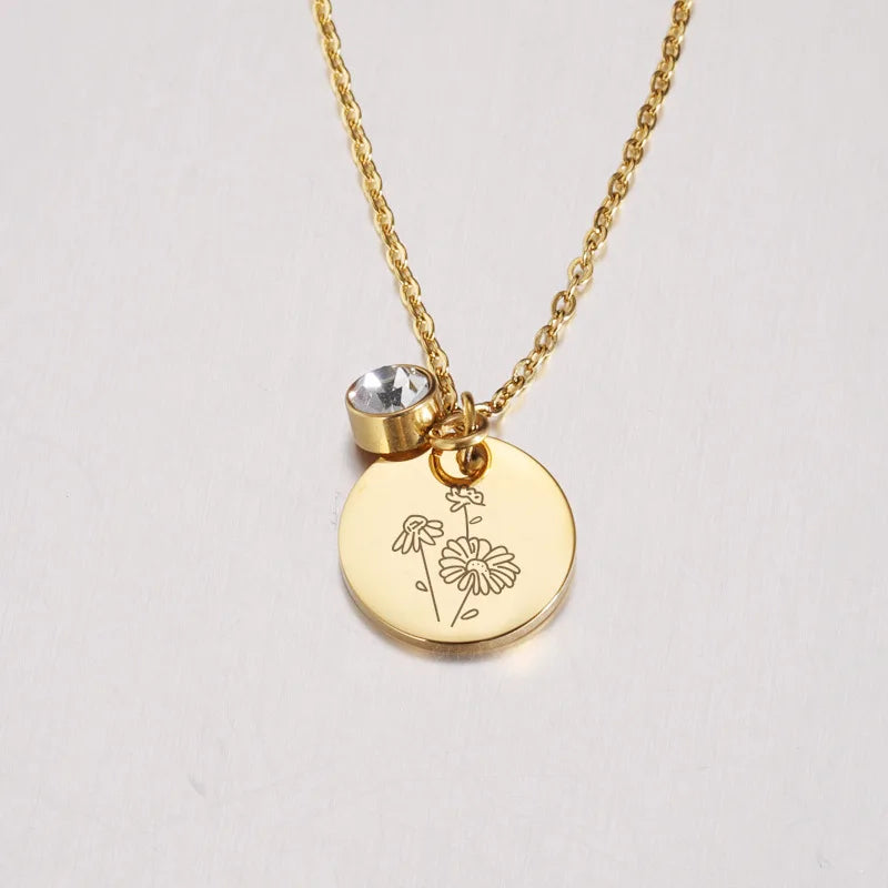 New Designs Stainless Steel Birthday Necklace Custom Flower With 12 Birthstone Disk Pendant Necklaces