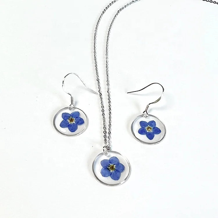 Ivy Personised 925 Sterling Silver Sets Forget Me Not Dried Flower  3pcs Necklace+Earrings+bracelet Sterling Silver 925 Jeweller