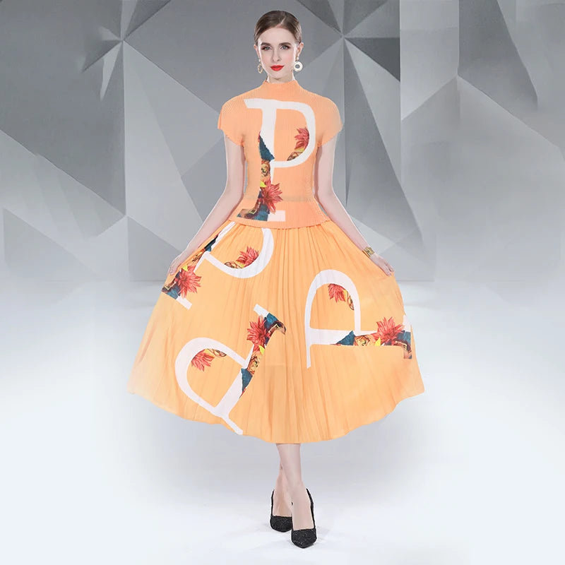 Wholesale Pleated Suit Plus Size Digital Print Craft Pleated Skirt Boutique Women'S Casual Suit Casual Long Dress