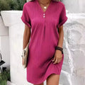 RNSHANGER Summer Women Dress Casual V Neck Button Short Sleeves Loose Solid Color Dress Fashion Loose Lady Short Dress