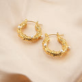 Chunky Fashion Women Hand Hammered Embossed Imitation Pearl Stainless Steel Gold Plated Hoop Earrings