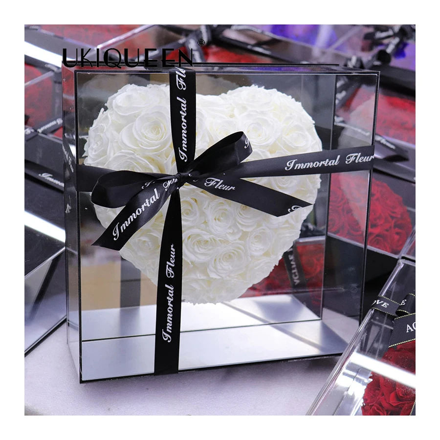 UKIQUEEN Wholesale Valentine Days Luxury Gift Preserved Flower Forever Everlasting Stabilized Preserved Rose in Acrylic Box