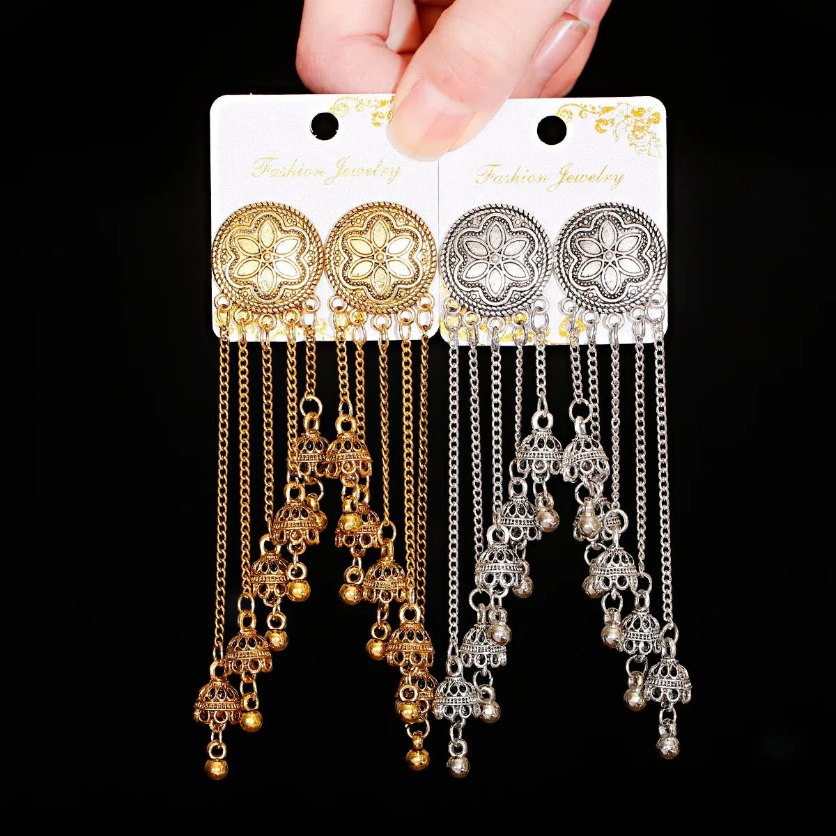 Classic Flower Silver Color Turkish Indian Jhumka Earrings Women's Vintage Long Bell Tassel Earrings Oorbellen
