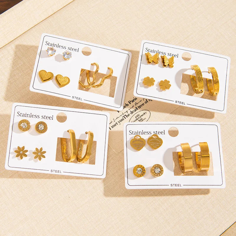 Stainless Steel Earrings Set Trendy Diamond Butterfly Heart Flower Gold Plated Studs for Parties Religious Fashionable Gift