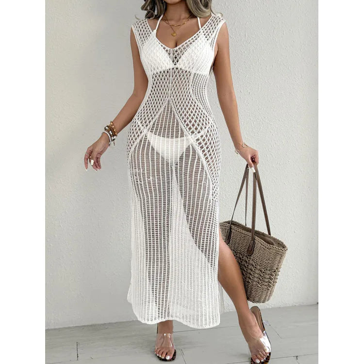 Sleeveless swimsuit outerwear wholesale V neck split maxi dress custom logo Knitted bikini cover up factory directly