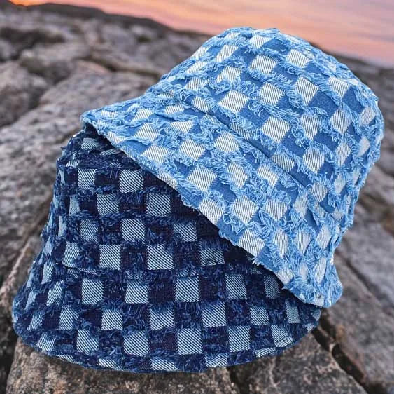 Summer Unisex Stylish Distressed Plaid Denim Bucket Hat Daily Casual Fishing Outdoor Fishermen Caps Visor Travel Comfortable