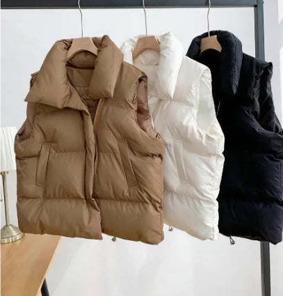 2026 Winter Down Vest Women Warm Coat Turn-down Collar Zipper Sleeveless Jacket Overcoat Loose Drawstring Waistcoat Vest Coat MegaBDM