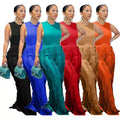 S-5XL Summer Casual Sleeveless Tank Top Drawstring Fringed Wide-Leg Pants 2 Piece Set Plus Size Outfits for Women Loose Suit