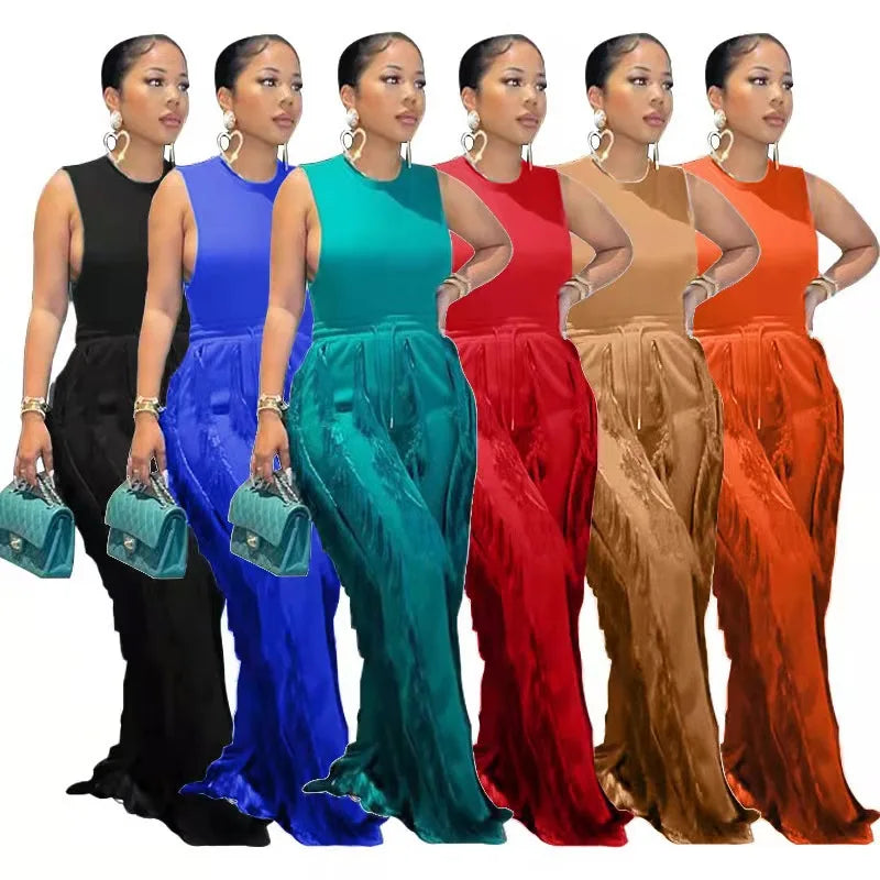 S-5XL Summer Casual Sleeveless Tank Top Drawstring Fringed Wide-Leg Pants 2 Piece Set Plus Size Outfits for Women Loose Suit
