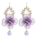 Korea Fashion Gold Plated Alloy Lace Flower Leaf Beaded Drop Earrings Jewelry for Women Girls