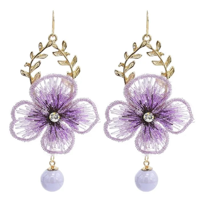 Korea Fashion Gold Plated Alloy Lace Flower Leaf Beaded Drop Earrings Jewelry for Women Girls