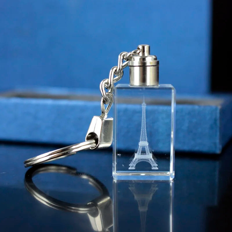 Hot Sell Travel Promotional Gift Crystal 3D Laser Eiffel Tower Cube Keychain LED Keyring