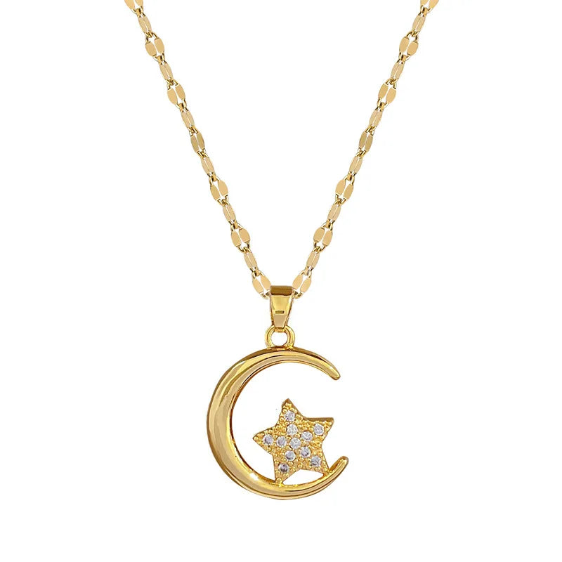 Star Moon Luxury Banquet Wedding Necklace Women's Gold Stainless Steel Titanium Steel Necklace Copper Micro-set Pendant