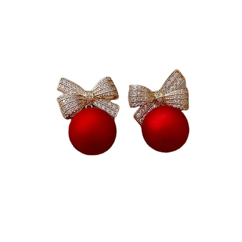 Luxury Gold Color Zircon Bowknot Stud Earrings for Women Pearl Cherries Fruit Red Festive Earring Girls Christmas Jewelry Gifts