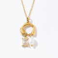 Waterproof Women Gold Plated DIY Charms Stainless Steel Pearl White Zircon Square Crystal Necklace