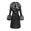 New Arrival Women's Long Genuine Sheepskin Trench Coat with Real Fox Fur Collar and Cuffs Black Leather Waterproof