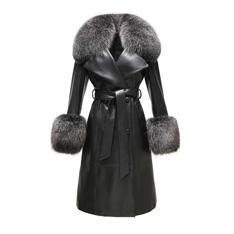 New Arrival Women's Long Genuine Sheepskin Trench Coat with Real Fox Fur Collar and Cuffs Black Leather Waterproof