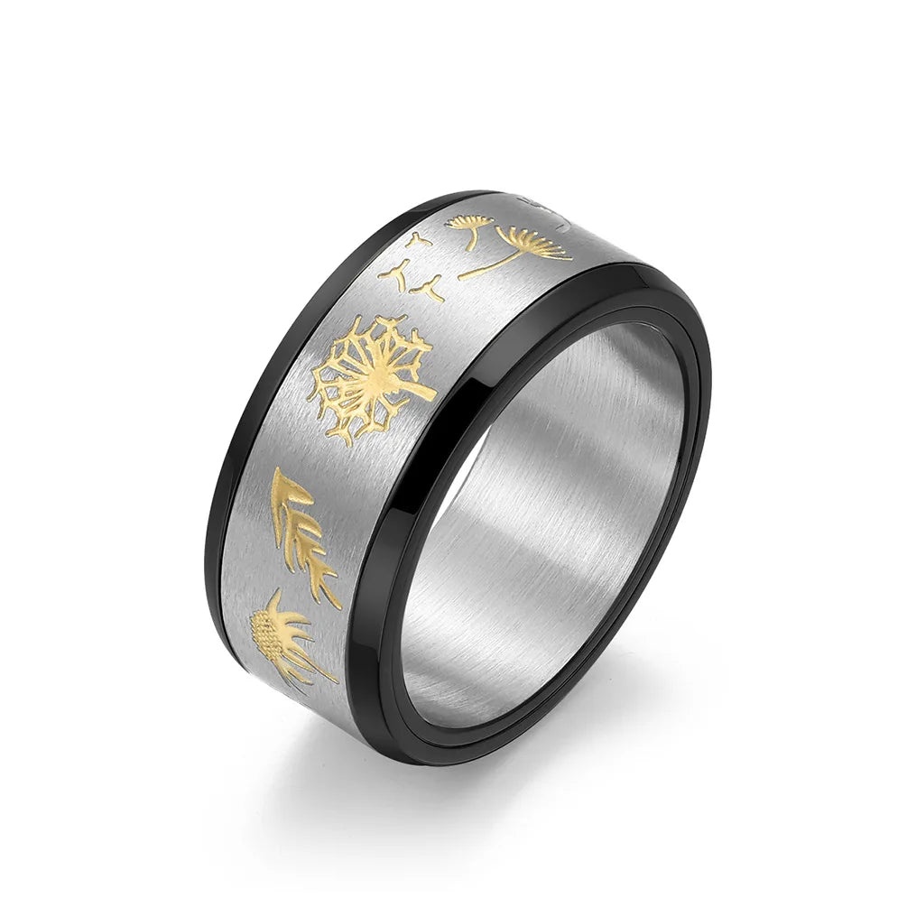 Hot Sale Engraved Brushed Titanium Steel Relieve Rings 18K Gold Plating Stainless Steel Dandelion Finger Ring Men Jewelry