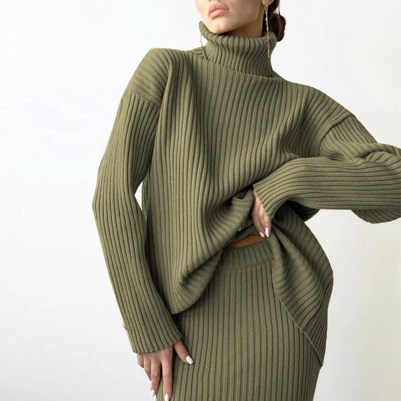 Custom Women's Casual Winter 2-Piece Suit Warm Turtleneck Pullover Knitted Midi Skirt with Front Logo