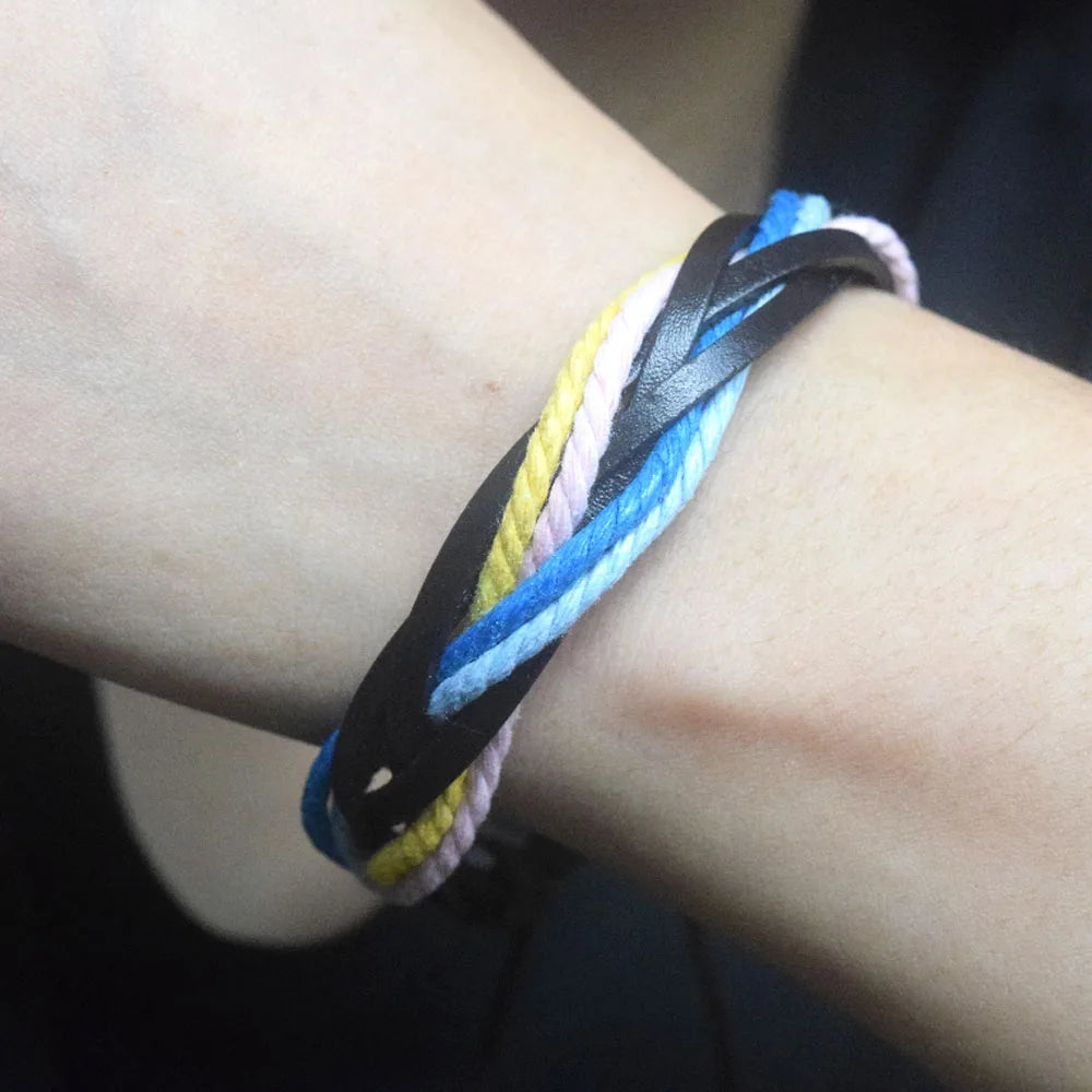 Men's Unique Handmade Punk Rope Rock Bracelet Made by Leather and Hemp Cords Jewelry